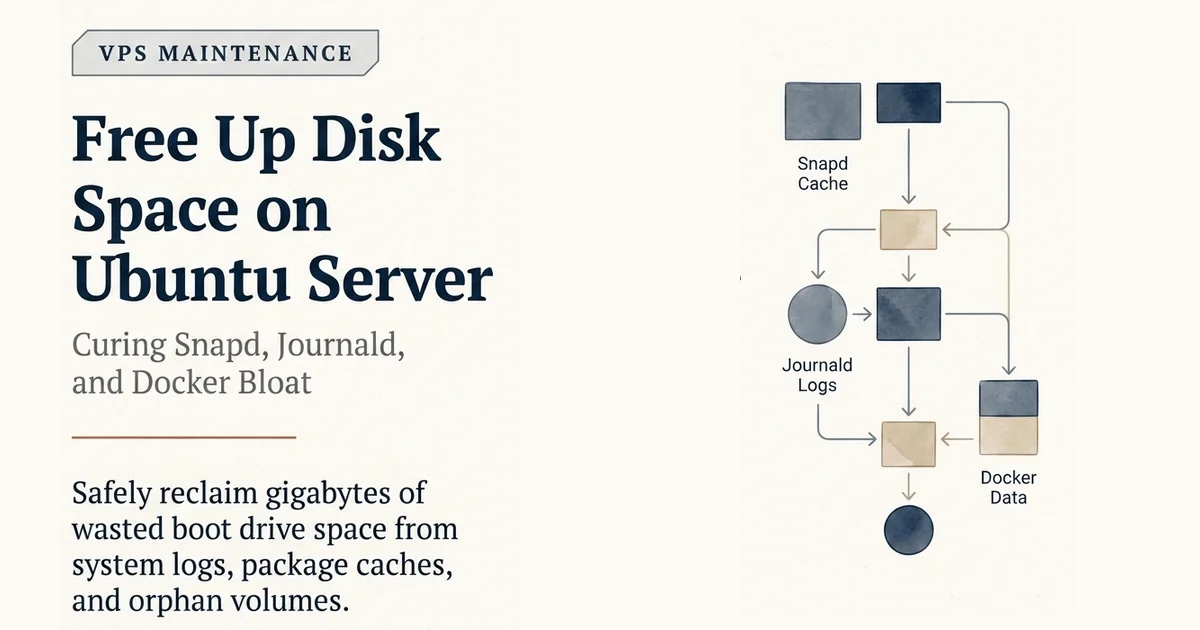 Diagram of the four main sources of Ubuntu server disk bloat: snapd cache, systemd journal, dangling Docker images, and orphan volumes