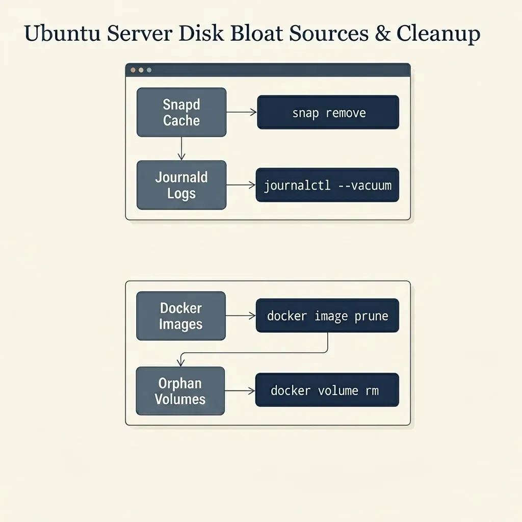 Ubuntu Server Disk Bloat Sources & Cleanup Diagram