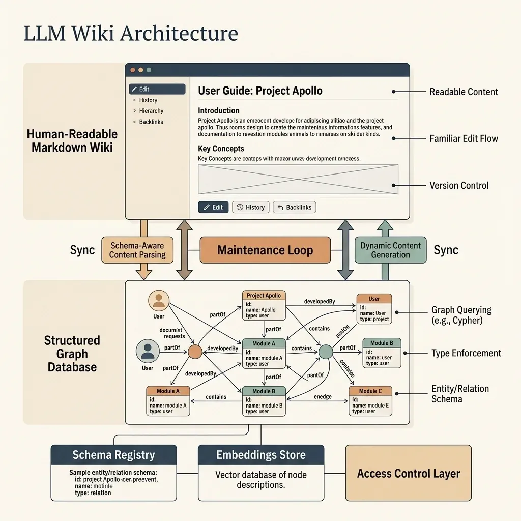 Dual-layer LLM wiki architecture: human-readable Markdown pages backed by a structured graph database