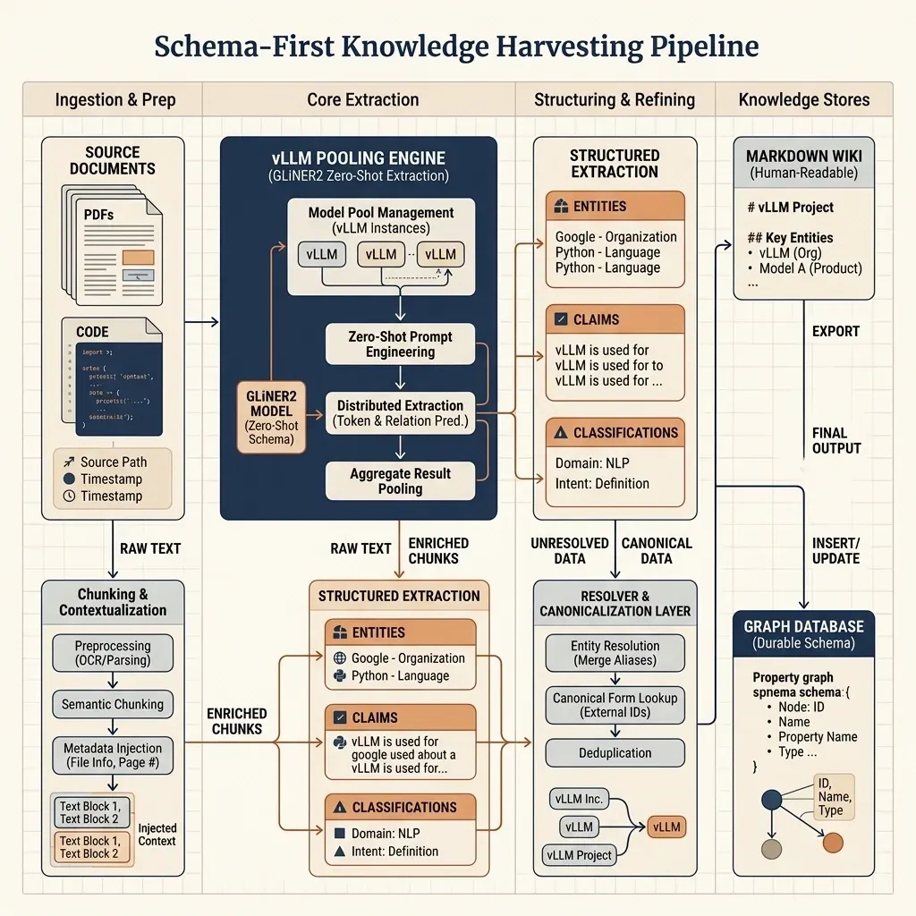 Schema-first knowledge harvesting pipeline: From typed chunks to canonical graph records