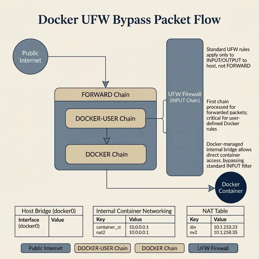 Docker UFW packet flow diagram showing how incoming traffic bypasses UFW rules by entering the DOCKER chain in the iptables FORWARD chain